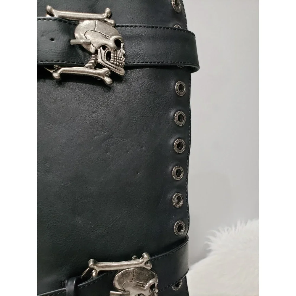 SIZE 7 DEMONIA Muerto Bone High Heel Spiked Skull Buckle Moto gothic Knee Boots